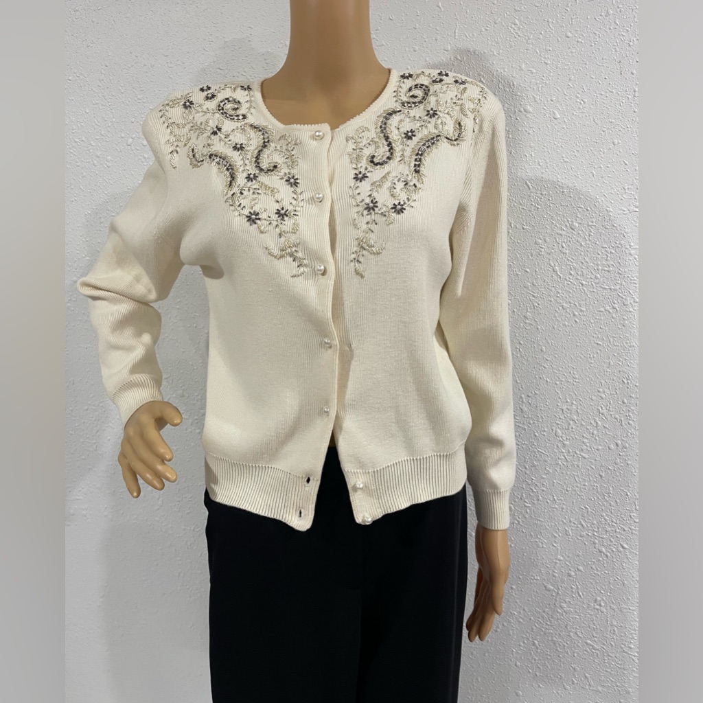 Petite Sophisticate Cream Vintage Embroidered Cardigan